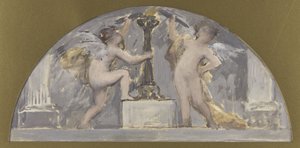 Sketch for the Dining Room of the Hôtel de Ville, Two Lovers Each Holding a Torch Near a Lighted Torchere, circa 1893 by Francois Lafon