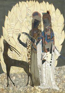 Two Stylised Women with an Antelope Amongst Foliages