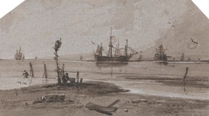 Ships Anchored Offshore in a Calm Sea