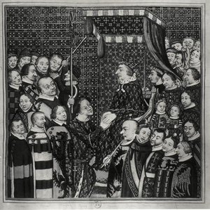 Louis II (1337-1410) Count of Clement, paying homage to Charles V (1338-80) copy of a 14th century miniature by Francois Roger de Gaignieres