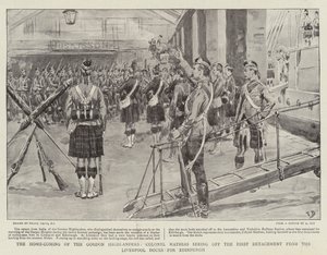 The Home-Coming of the Gordon Highlanders, Colonel Mathias seeing off the First Detachment from the Liverpool Docks for Edinburgh by Frank Dadd