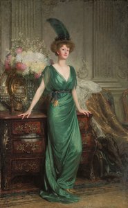 Portrait of the Hon. Mrs. Ernest Guinness, Standing, Wearing an Emerald Dress and Feather, 1912 by Frank Dicksee