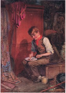 Kit carried a large slice of bread and meat into a corner, and applied himself to disposing of it with great voracity, c.1920 by Frank Reynolds