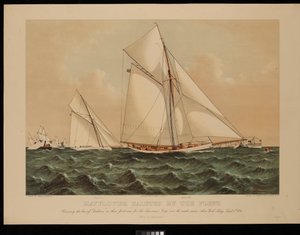 Mayflower saluted By The Fleet. Crossing the bow of Galatea in her first race for the America