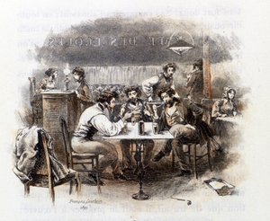 Discussion between students in a Parisian café. Illustration of Profile of grisette new belonging to the Receuil Mimi de Pinson by Alfred de Musset