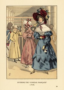 Fashionable women at a play, Paris. Woman in large bonnet with ribbons, dress with high collar, lace cape or pelerine and full sleeves en beret. Entering the Comedie Francaise