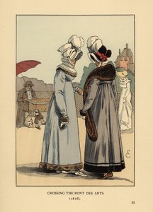 Fashionable women in feather hats, lace ruff collars and fur-trimmed dresses. Crossing the Pont des Arts, Paris by François Courboin