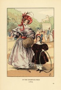 Woman and child with hoop playing in the park. In the Champs Elysees