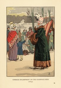 Woman in Fur-Lined Coat with Fur Muff Visiting the Tatar and Kalmyk Cossack Bivouac in Paris After the Fall of Napoleon. Cossack Encampment on the Champs Elysees by François Courboin