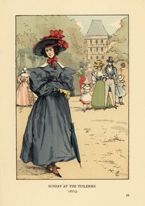 Woman promenading in Sunday Best in the park. She wears a wide-brim hat, dress with full sleeves, ankle boots and carries a parasol. Sunday at the Tuileries Garden by François Courboin