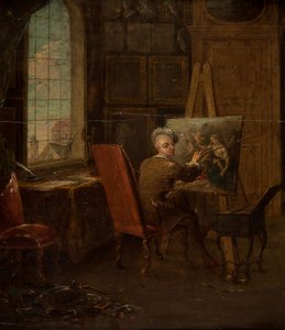 Self-portrait in the studio, holding a mahl-stick by Francois Eisen