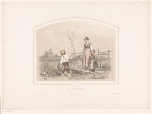 Boy Showing Lobster to a Woman and Child by a Stream
