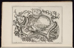 Cartouche with Putto Blowing Conch, Livre de Cartouches Irréguliers (Book of Irregular Cartouches) by François de Cuvilliés the Elder
