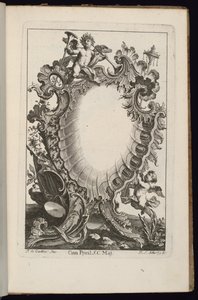 Cartouche with Putto Holding Trumpets, Book of Irregular Cartouches by François de Cuvilliés the Elder