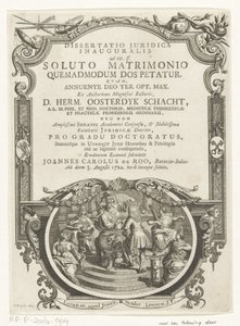 Minerva Crowns Writer (Title Page for: Johannes Carolus de Roo, Dissertatio Juridica Inauguralis, ad tit. ff. soluto matrimonio quemadmodum dos petatur, 1722) by François van Bleyswijck
