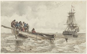 Eight Men in a Rowboat by a Sailing Ship by Frans Arnold Breuhaus de Groot