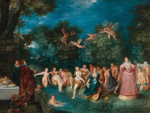 Diana and Her Nymphs Bathing, with a Stag Hunt in the Background by Frans Francken the Younger