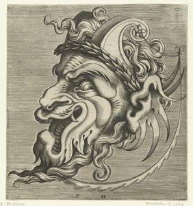 Mask in Profile with Two Horns of Strapwork and a Laurel Wreath