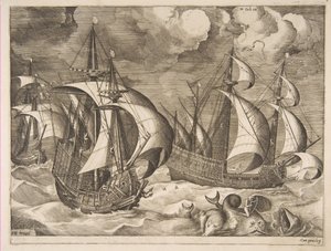 Three Caravels in a Rising Squall with Arion on a Dolphin from The Sailing Vessels, 1561-65 by Frans Huys