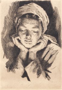 Young Woman with Cap, Facing Forward, Supporting Head in Hands. Bust by Frans Schwartz