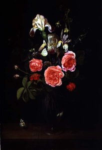 Flowers in a Glass Vase with a Butterfly on a Ledge