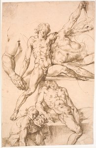 Sheet with studies: above two men wrestling and study of a right arm. Below: a reclining seated man, and two slightly leaning forward half-figure men