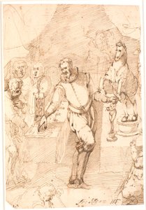 Standing Man in 16th Century Costume, in a Room, Between Two Tables with Sculptures and a Clock, Coins, etc., and Seven or Eight Other People by Frantz Cleyn