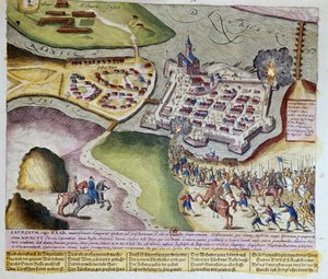 The Capture of Raab by Adolf Schwarzenberg on 28/03/1598. 1653 Print by Franz Hogenberg (1535-1590) by Franz (after) Hogenberg