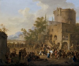 An Italian City View with Figures Dancing the Saltarello by Franz Ferg