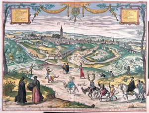 Seville, Spain. With a punishment scene: a procuress or an adulteress, has been smeared with honey and is swarming with bees. The cuckold follows behind, wearing antlers and a string of bells. The procession is accompanied by magistrates (engraving)