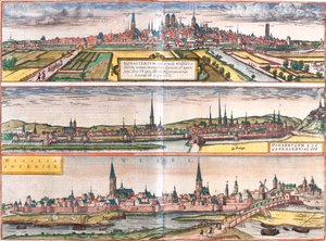 View of Munster (Monasterium), Osnabruck (Osnabrugum) and Wesel (Weselia), Germany by Franz Hogenberg