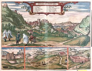 View of the Alhambra with the City of Granada, Spain: on the top a view of the Alhambra on Cerro del Sol Hill. The view bottom left shows the closed doors of the Alhambra. In the centre are the mouths of the Masmoros caves
