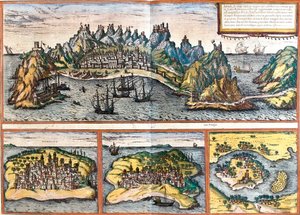 Views of Aden (Yemen), Mombasa (Kenya), Kilwa Kisiwani (Tanzania) and Cefala Diana (Sicily, Italy) by Franz Hogenberg