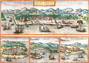 Views of Kozhikode or Calicut (India), Ormuz (Iran), Cannanore or Kannur (India) and St. George of the Mine or Elmina (Ghana)