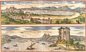 Views of Pozzoli and Bays (present-day Baia), Italy, with the ancient remains of the thermal baths of the Gulf of Naples and a fortress