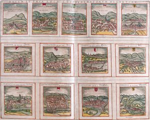 Views of the main cities of the Swiss Confederation: Schwytz, Zug, Glaris, Bale, Zurich, Bern, Lucerne, Uri, Fribourg, Solothurn, Schaffhausen