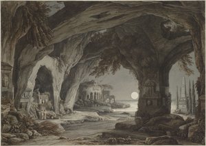 Ideal landscape with rock grotto, tombs and ruins in the moonlight, c. 1790