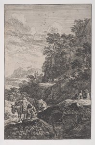 Plate 1: a peasant checking the hoof of his mule by a stream, from Landscapes, ca. 1700-25 by Franz Joachim Beich
