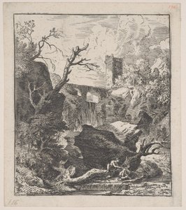 Two Figures Sitting on a Tree Trunk on the Bank of a Stream by Franz Joachim Beich