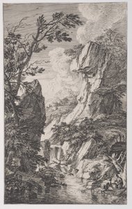 Two Fishermen on the Bank of a Stream at Right, a Waterfall at Center by Franz Joachim Beich