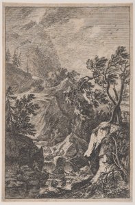 Two Male Figures Standing on a Rock with a Waterfall by Franz Joachim Beich
