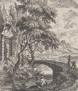 Two figures at right about to cross a stone bridge, a fisherman in the foreground by Franz Joachim Beich