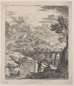 Two shepherds resting next to a pedestal, an aqueduct at right in the background by Franz Joachim Beich