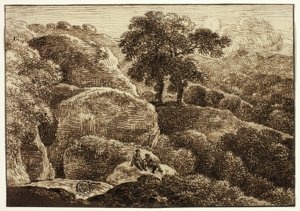 Two Figures Resting on Hillside near Two Trees