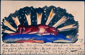 "Altar Sheep from Lana", Franz Marc from Sindelsdorf to Gabriele Münter in Munich: Postcard, Postmark 11.04.1913
