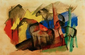 Three Horses in Landscape with Houses by Franz Marc