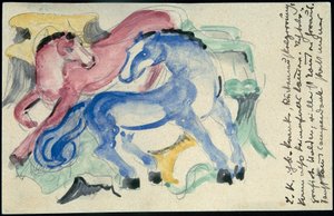 Red and Blue Horse, Franz Marc from Sindelsdorf to Wassily Kandinsky in Munich: Postcard, Postmark 05.04.1913