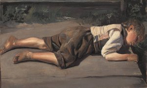 Peasant Boy Lying on a Wooden Bridge by Franz von Lenbach