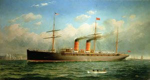 The Cunard Liner R.M.S. Umbria off Brooklyn Heights, on the East River, New York by Fred Pansing