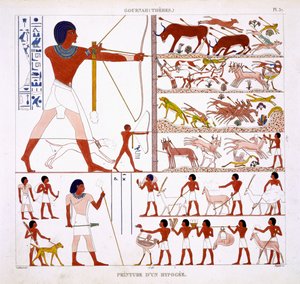 Hunting Scenes, from a Rare Record of Frescoes from Thebes, recorded 1819-1822 on his second visit to Egypt by Frederic Cailliaud, colour litho